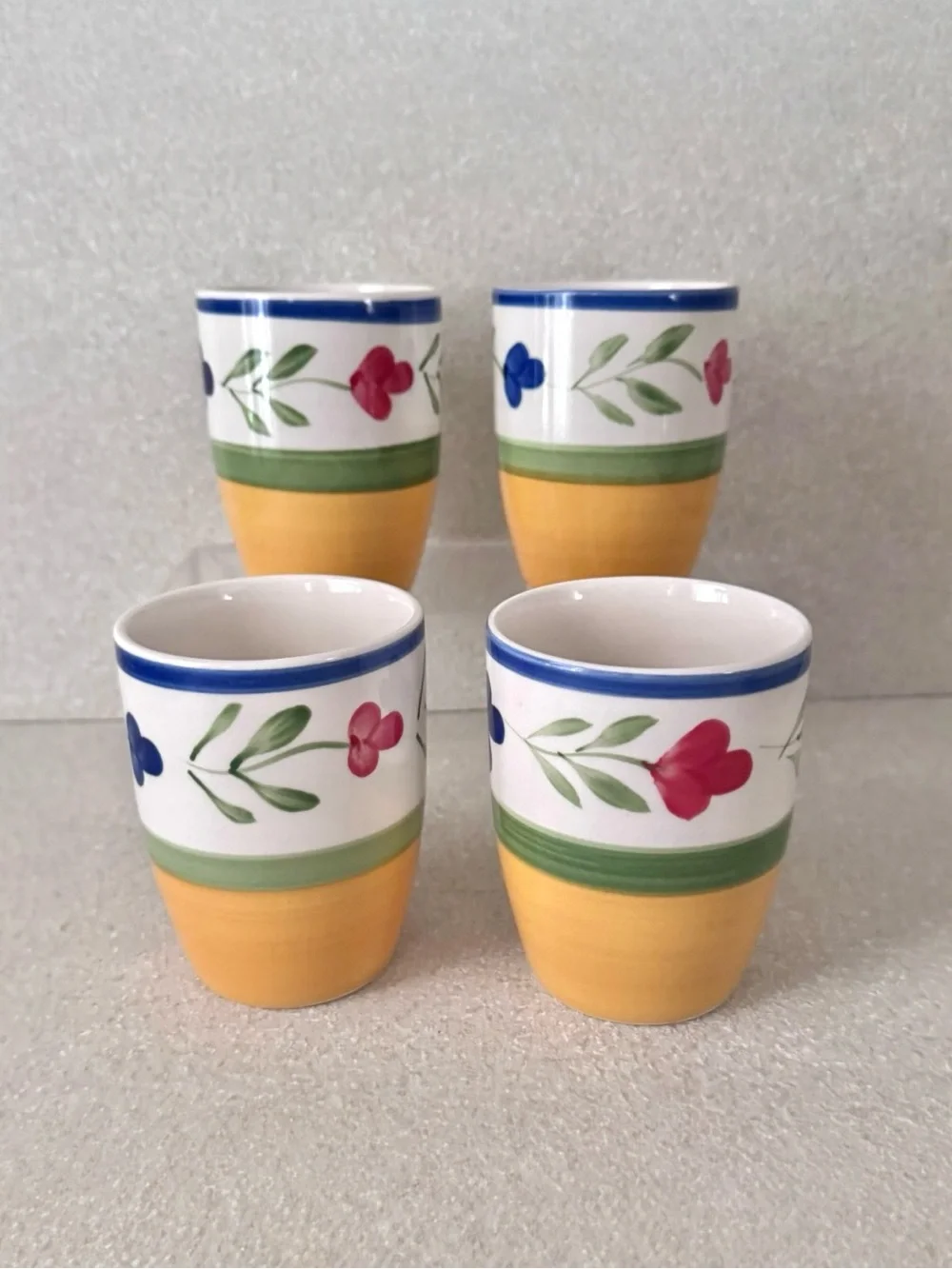Vintage Pier 1 Hand Painted Floral Stoneware Mugs Yellow Green Blue Set of 4